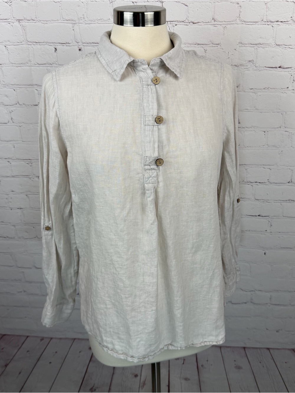 Sigrid Olsen Cream 100% Linen Popover Top Medium Quiet Luxury, Lagenlook